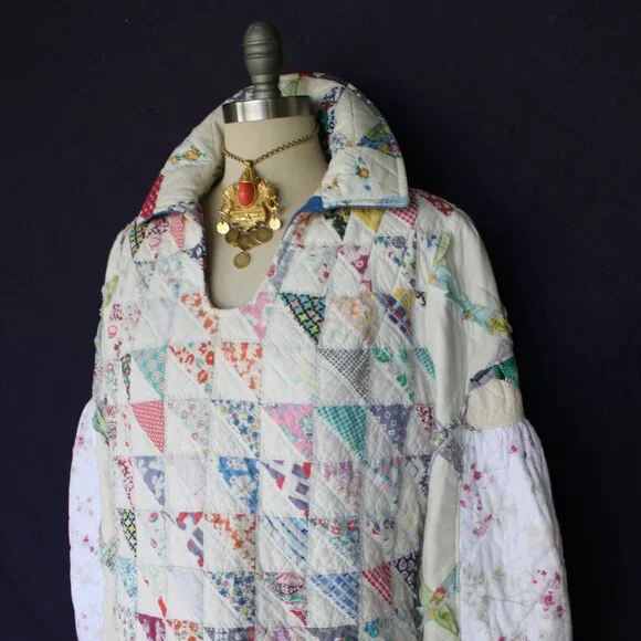 Hand crafted vintage patchwork quilt Blanket jacket tunic  sweater free people - Picture 7 of 11